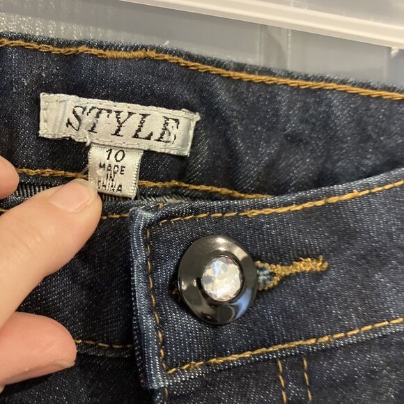 Style New York Womens 10 Black Lace Beaded Hem Dark Wash Blue Denim Jeans - Picture 3 of 9